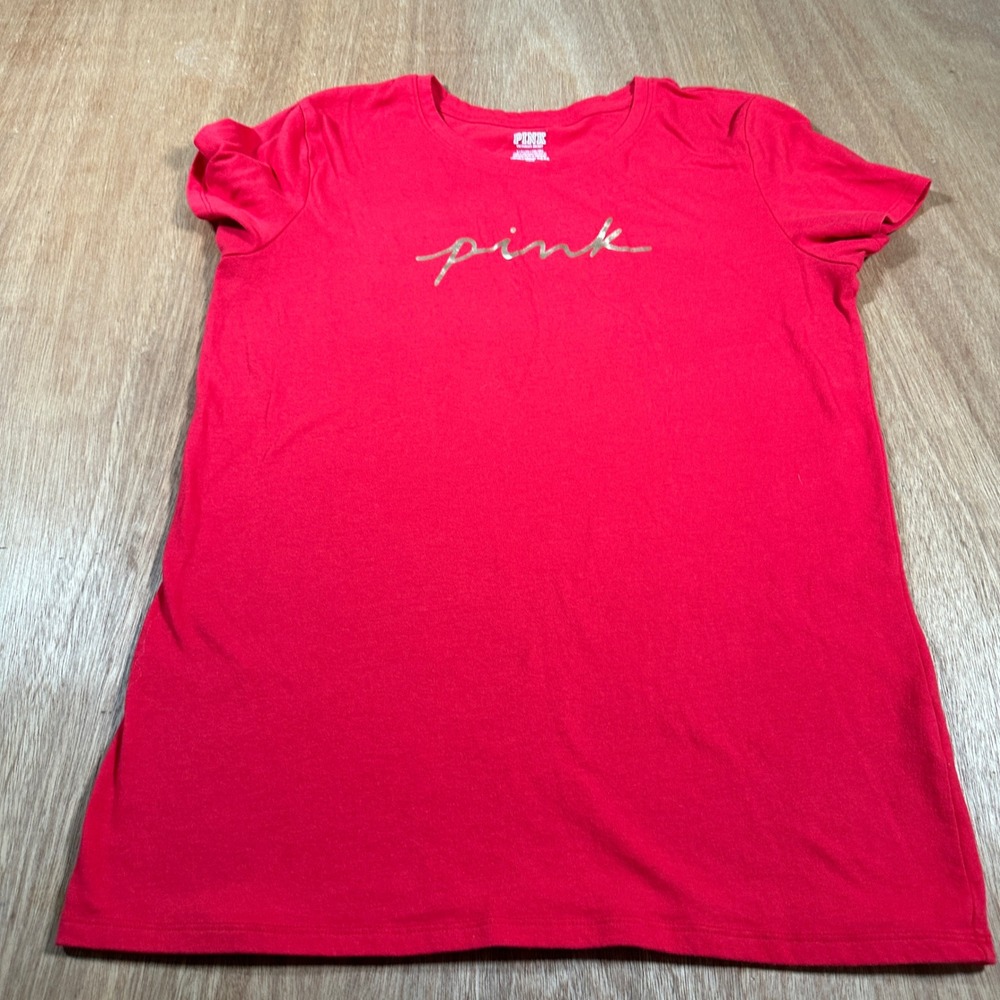 PINK Victoria's Secret T-Shirt Women Small Red Silver Script Logo Graphic Tee